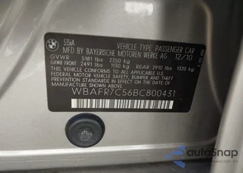 2011 BMW 535I from USA, damaged, VIN WBAFR7C56BC800431